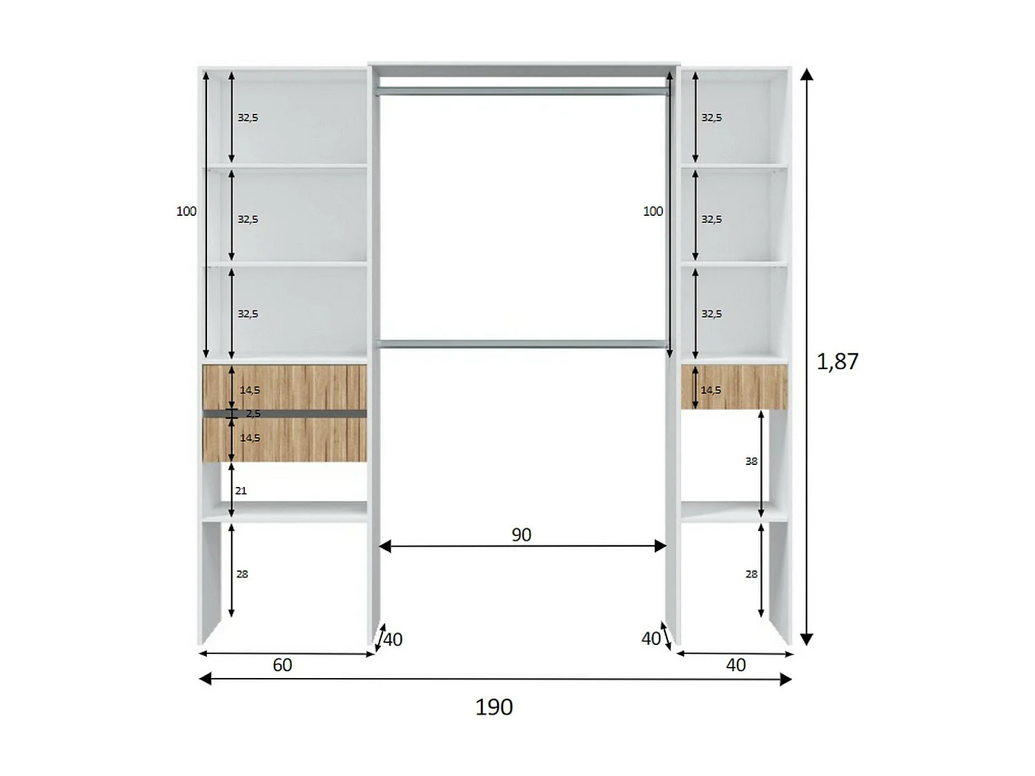 Dmora - Guardaroba grande Ary, 196x40h187 cm, Bianco e Rovere