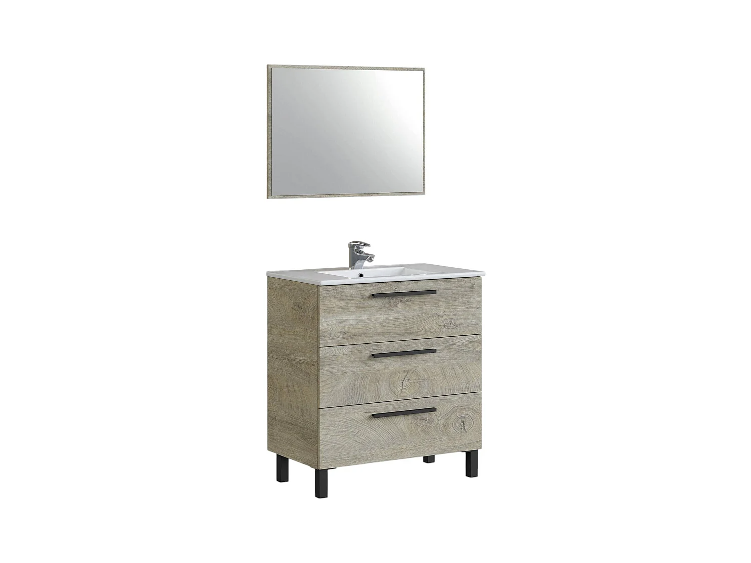 Meuble sous-vasque Dlo, Meuble de salle de bain, Meuble avec 3 tiroirs et miroir, lavabo non inclus, 80x45h86 cm, Chêne