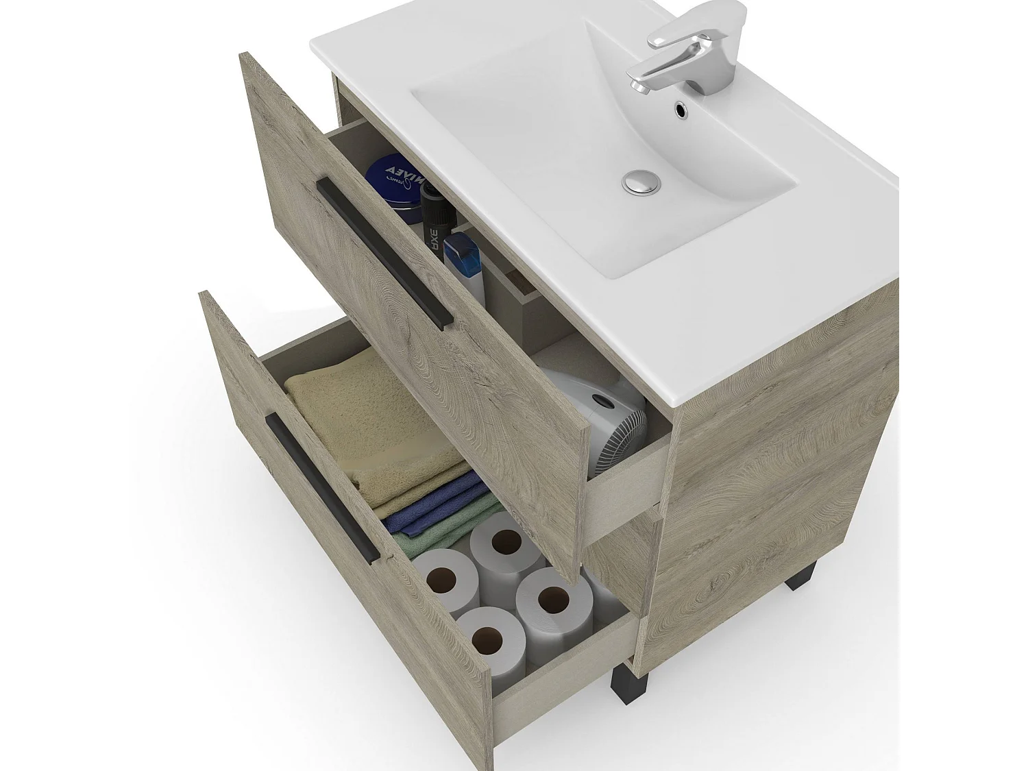 Unterschrank Dlo, Badezimmerschrank, Kleiderschrank mit 3 Schubladen und Spiegel, Waschbecken nicht enthalten, 80x45h86 cm, Eiche