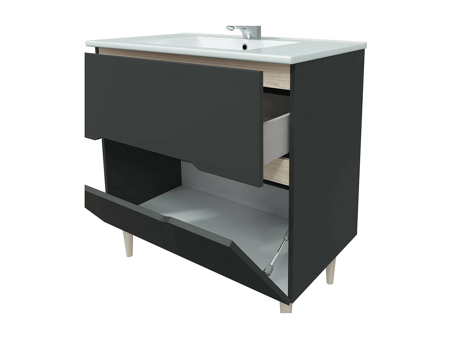 Meuble sous-vasque Dosimhe, Meuble sous-vasque de salle de bain, Meuble sous-vasque avec miroir, Lavabo non inclus, 80x45h80 cm, Anthracite et Chêne