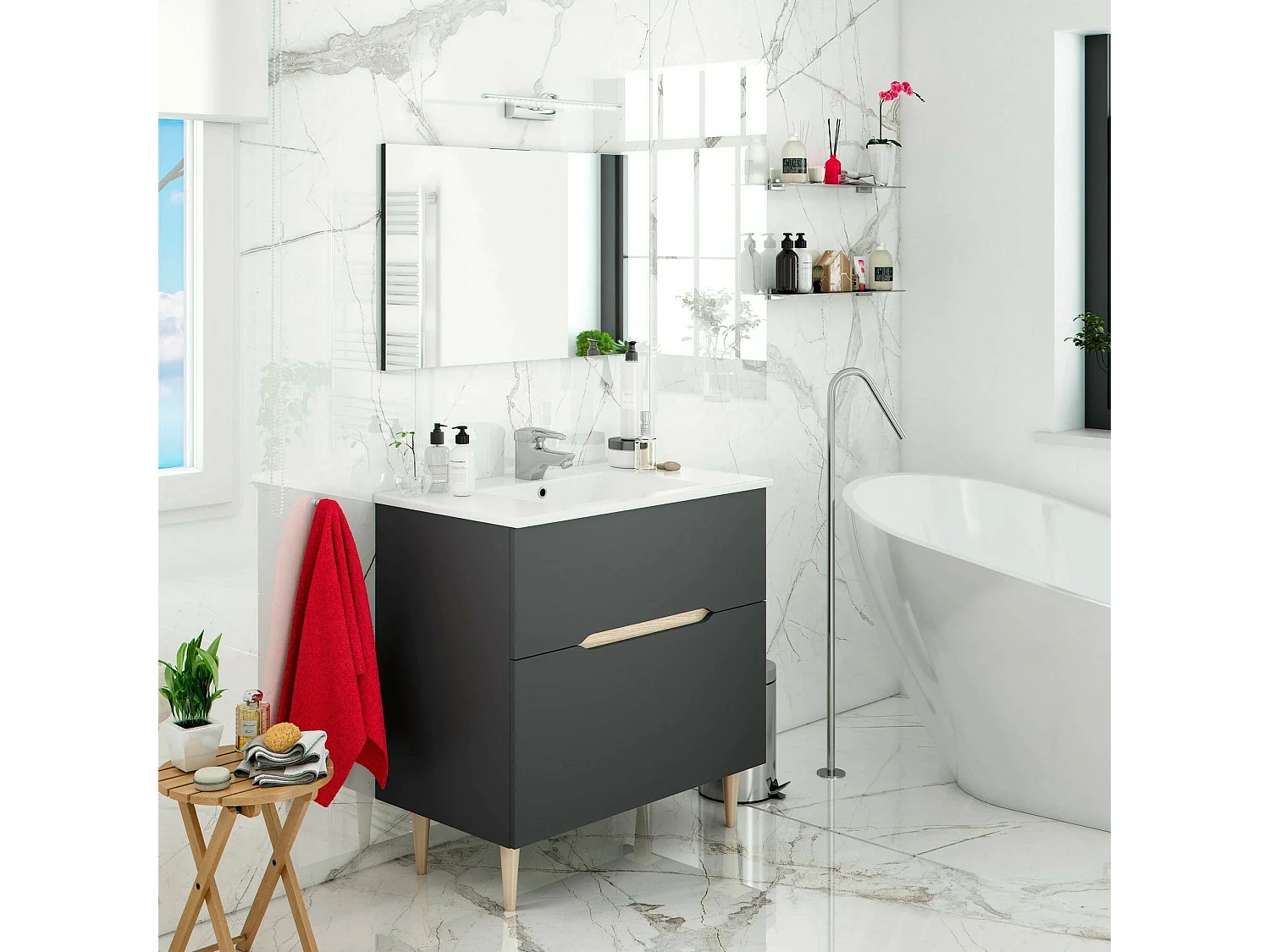 Mobile Sottolavabo Avona, Specchio Incluso, 45x80x80h cm Nero Antracite