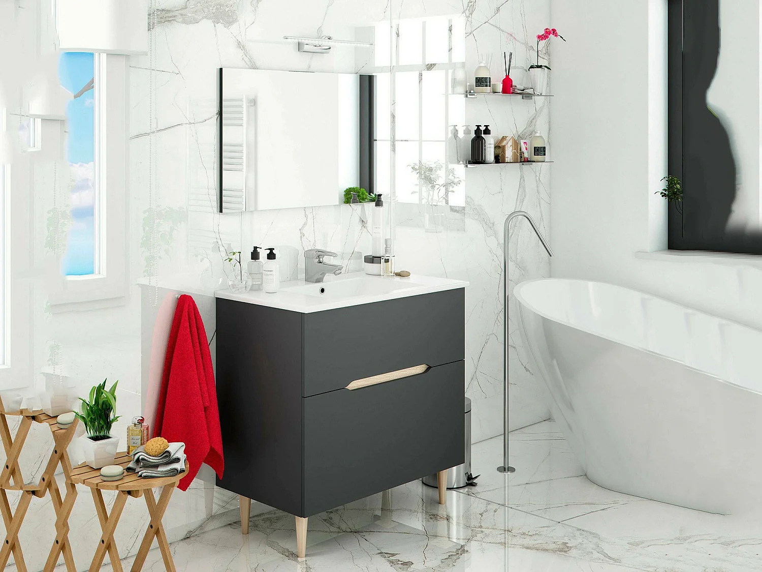 Mueble bajo lavabo Avona, Mueble bajo lavabo, Mueble bajo lavabo con espejo, Lavabo no incluido, 80x45h80 cm, Antracita y Roble