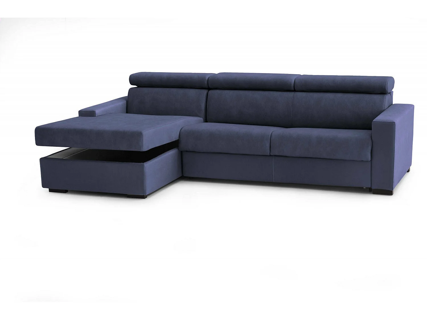 Canapé-lit Daatou, Canapé d'angle, 100% Made in Italy, Canapé à ouverture pivotante, avec péninsule de rangement gauche, avec accoudoirs fins, 260x95h85 cm, Bleu