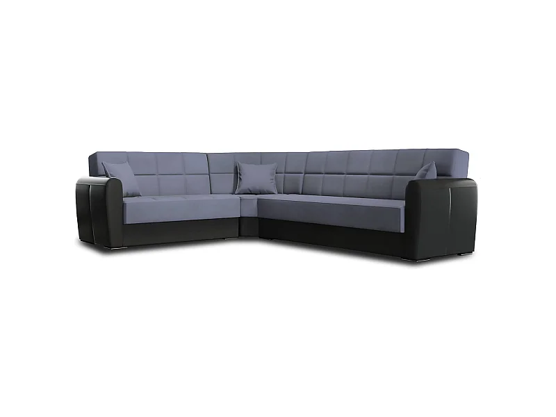 Canapé Dgytkjæ, Canapé d'angle conteneur en éco-cuir et tissu, Canapé de salon avec ouverture clic-clac et péninsule réversible, 305x238h91 cm, Noir et Gris