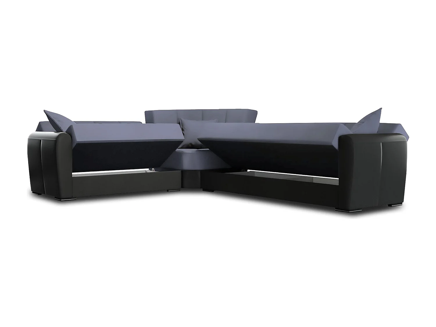 Sofá-cama Dgytkjæ, Sofá-cama de canto em couro ecológico e tecido, Sofá da sala com abertura click-clack e península reversível, 305x238h91 cm, Preto e Cinza