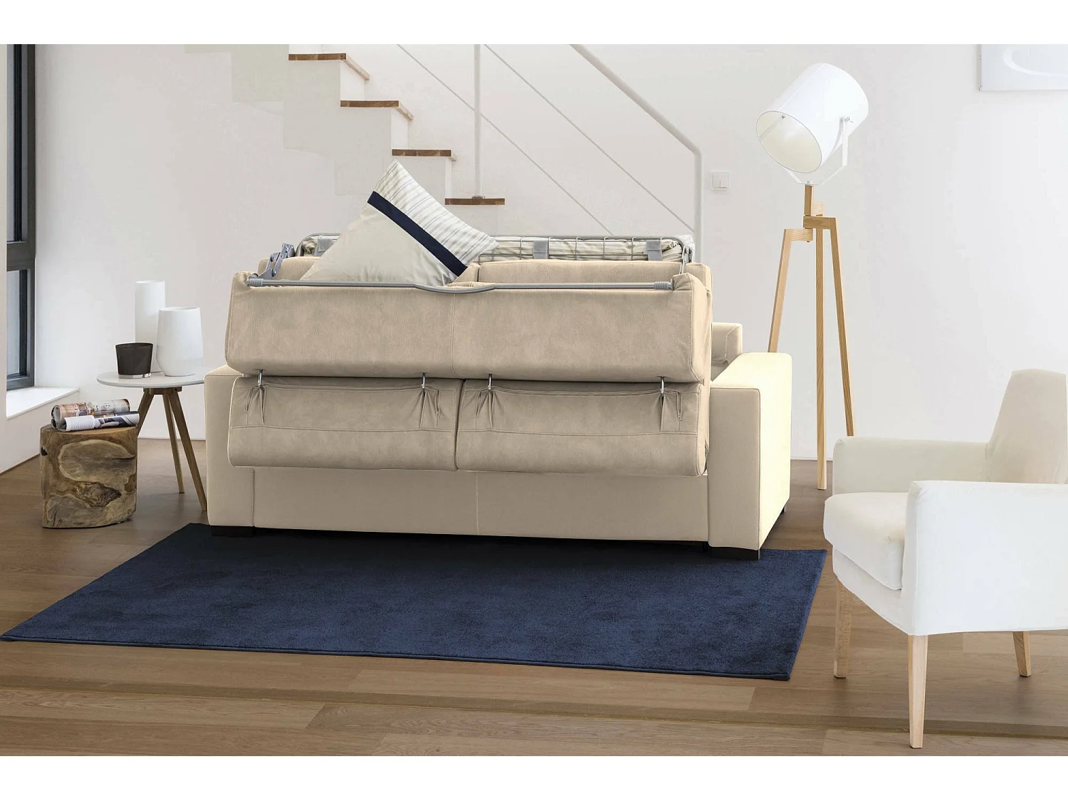 Canapé-lit Daatou, Canapé d'angle, 100% Made in Italy, Canapé à ouverture pivotante, avec péninsule de rangement gauche, avec accoudoirs fins, 260x95h85 cm, Beige