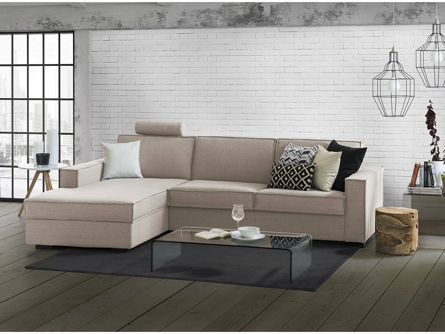 Daalb Slaapbank, Hoekbank, 100% Made in Italy, Bank met draaibare opening, Opbergschiereiland links, met slanke armleuningen, Cm 260x95h90, Taupe