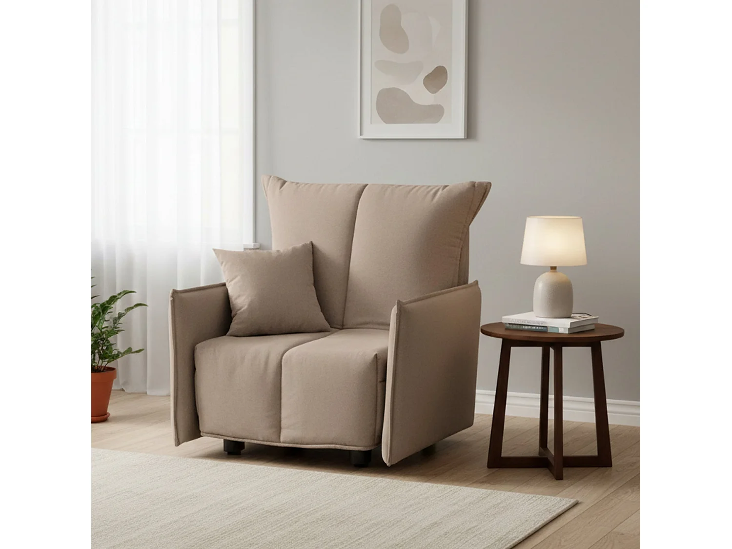Canapé-lit Dabari, Canapé simple, 100% Made in Italy, Fauteuil de salon avec ouverture trolley, en tissu rembourré, avec accoudoirs standards, Cm 110x90h85, Taupe