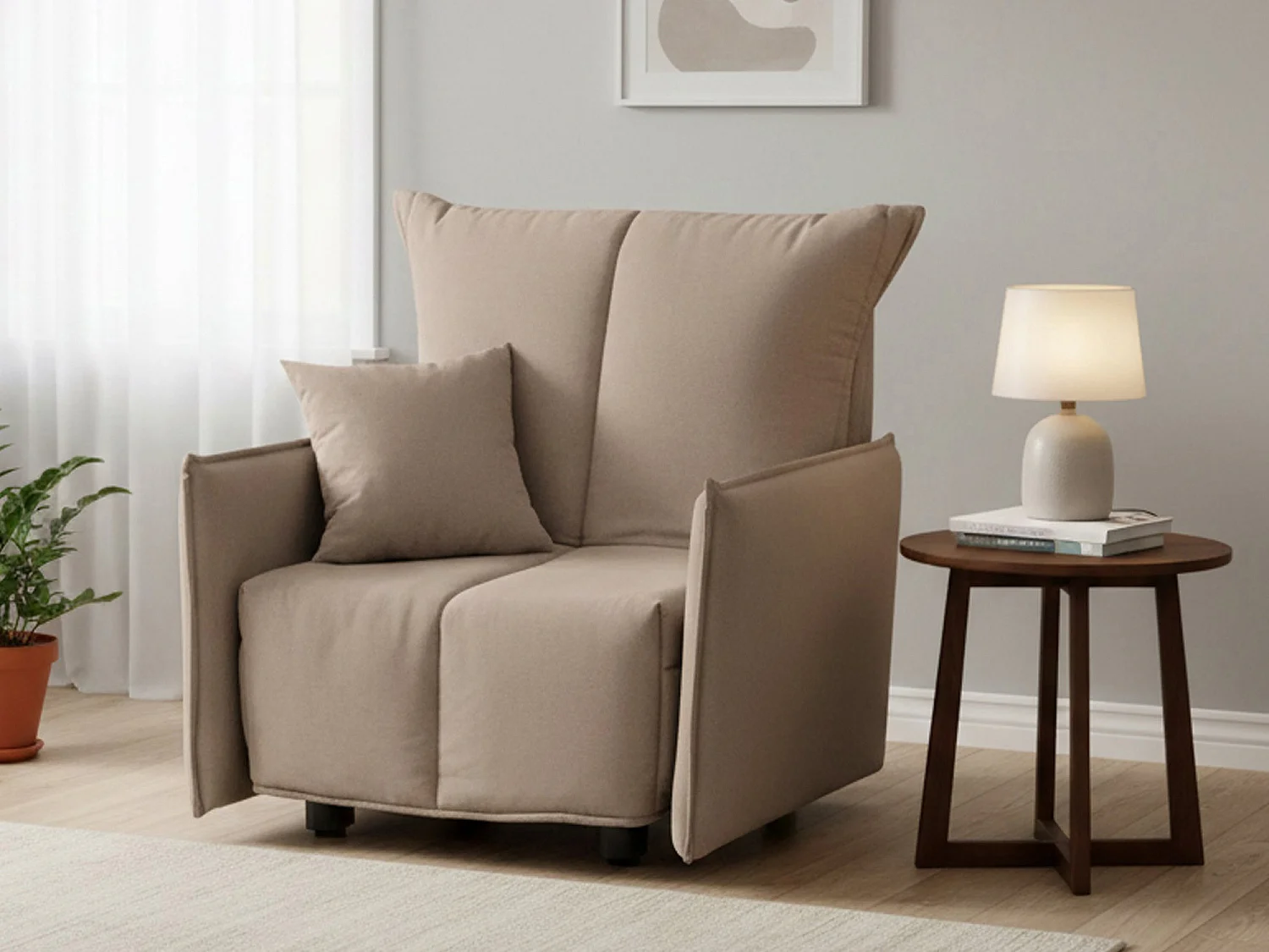 Canapé-lit Dabari, Canapé simple, 100% Made in Italy, Fauteuil de salon avec ouverture trolley, en tissu rembourré, avec accoudoirs standards, Cm 110x90h85, Taupe