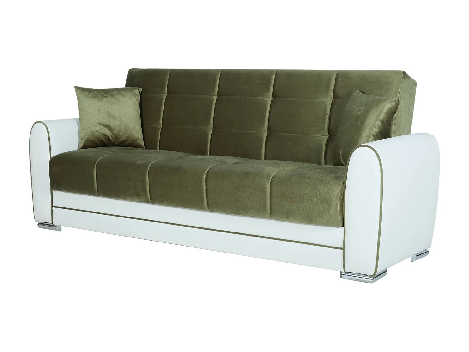 Canapé Dgirou, Canapé conteneur 3 places en éco-cuir et tissu, Canapé de salon en tissu rembourré avec ouverture clic-clac, 220x84h91 cm, Blanc et Vert