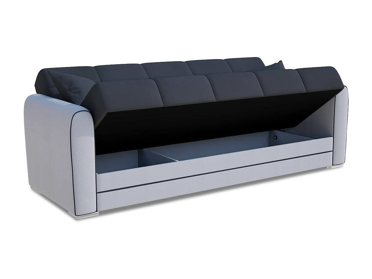 Canapé Dgirou, Canapé conteneur 3 places en éco-cuir et tissu, Canapé de salon en tissu rembourré avec ouverture clic-clac, 220x84h91 cm, Blanc et Vert