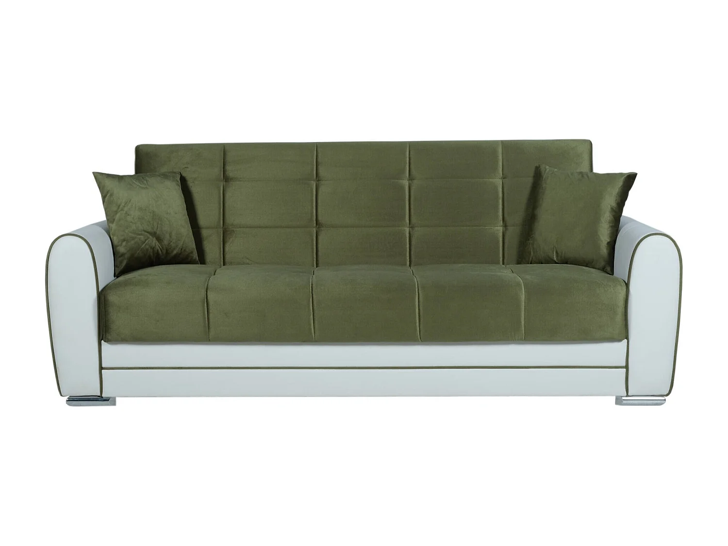 Canapé Dgirou, Canapé conteneur 3 places en éco-cuir et tissu, Canapé de salon en tissu rembourré avec ouverture clic-clac, 220x84h91 cm, Blanc et Vert