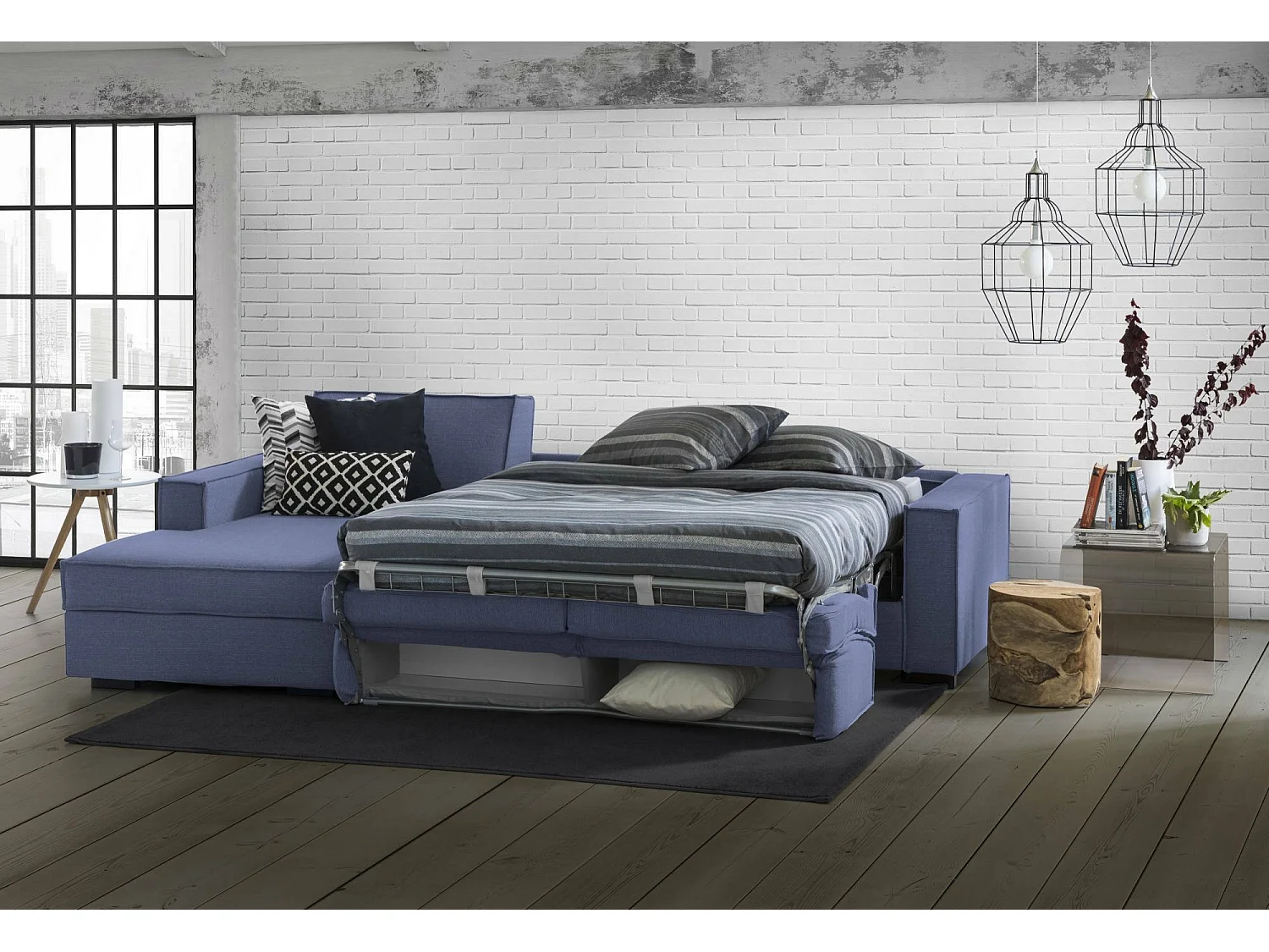 Sofá-cama Daalber, Sofá de canto, 100% Fabricado na Itália, Sofá com abertura giratória, Península de armazenamento esquerda, com braços padrão, 280x95h90 cm, Azul