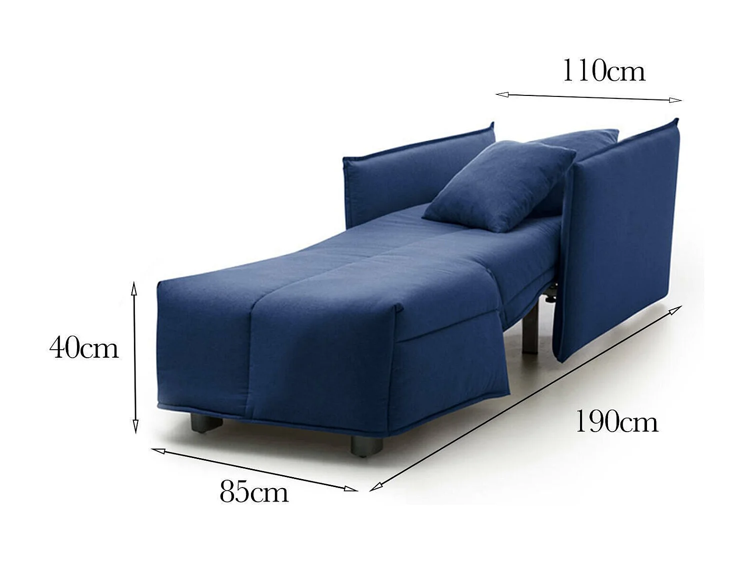 Dabari slaapbank, enkele bank, 100% Made in Italy, woonkamerfauteuil met trolley-opening, in gewatteerde stof, met standaard armleuningen, 110x90h85 cm, blauw