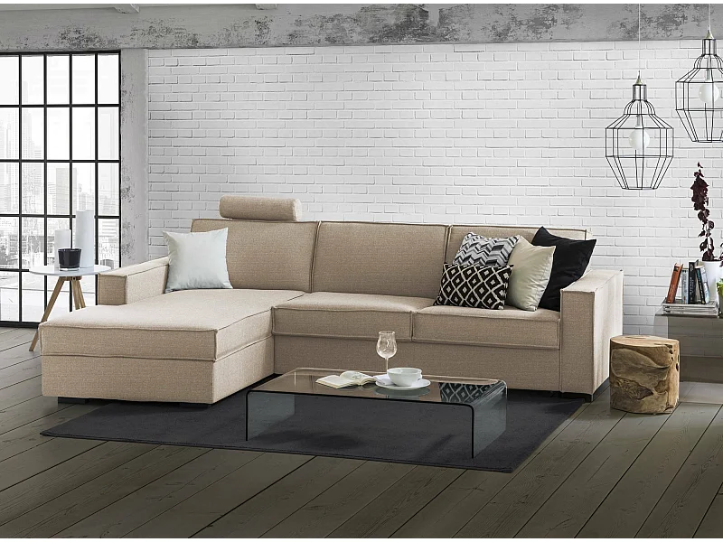 Canapé Daalber, Canapé d'angle, 100% Made in Italy, Canapé avec ouverture pivotante, Péninsule de conteneur gauche, avec accoudoirs standards, Cm 280x95h90, Beige