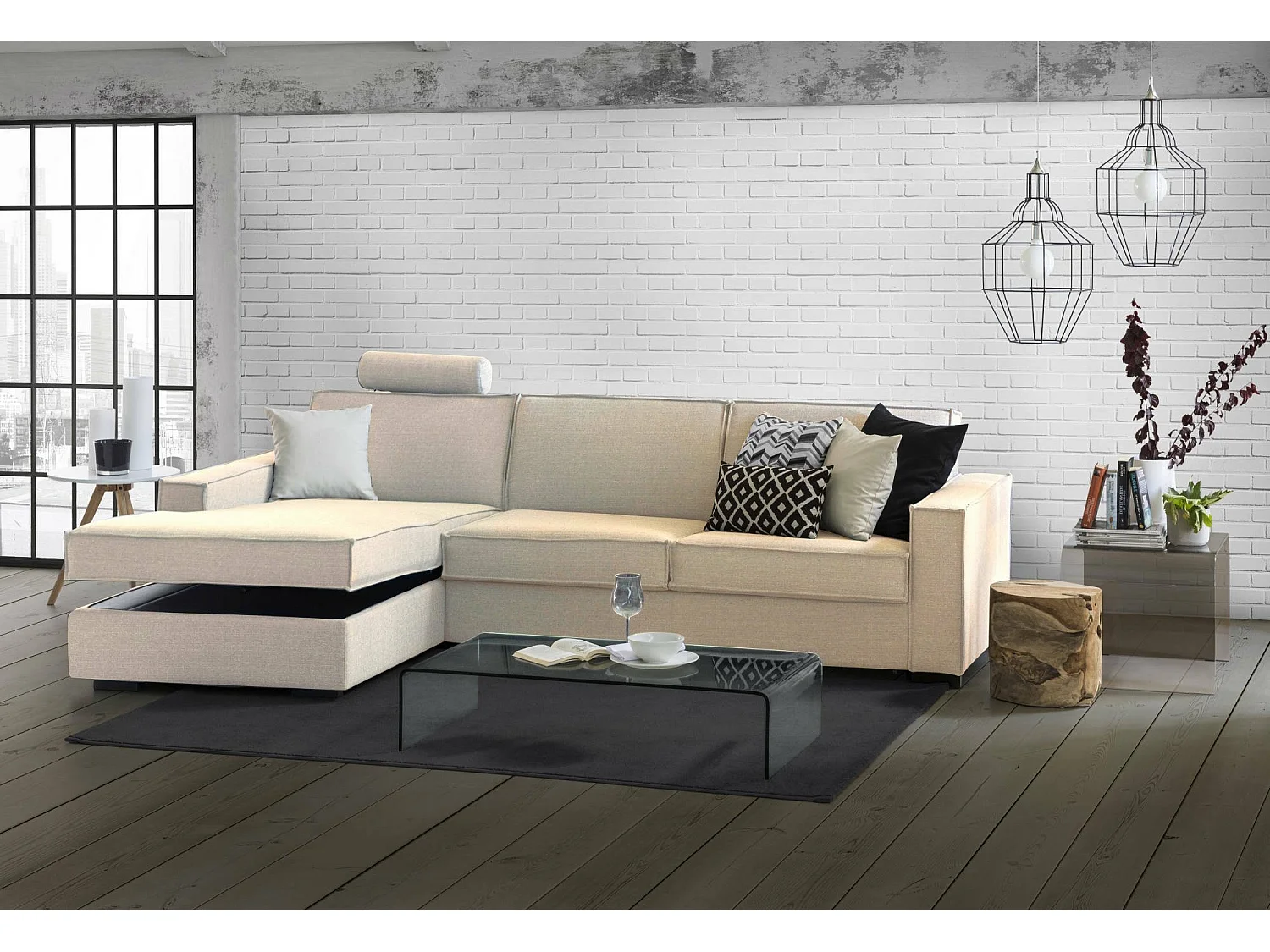 Canapé Daalber, Canapé d'angle, 100% Made in Italy, Canapé avec ouverture pivotante, Péninsule de conteneur gauche, avec accoudoirs standards, Cm 280x95h90, Beige