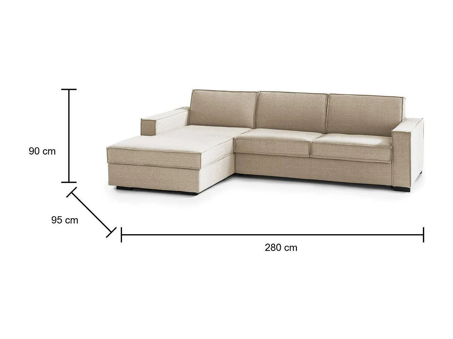 Sofá-cama Daalber, Sofá de canto, 100% Fabricado na Itália, Sofá com abertura giratória, Península de armazenamento esquerda, com braços padrão, 280x95h90 cm, Bege