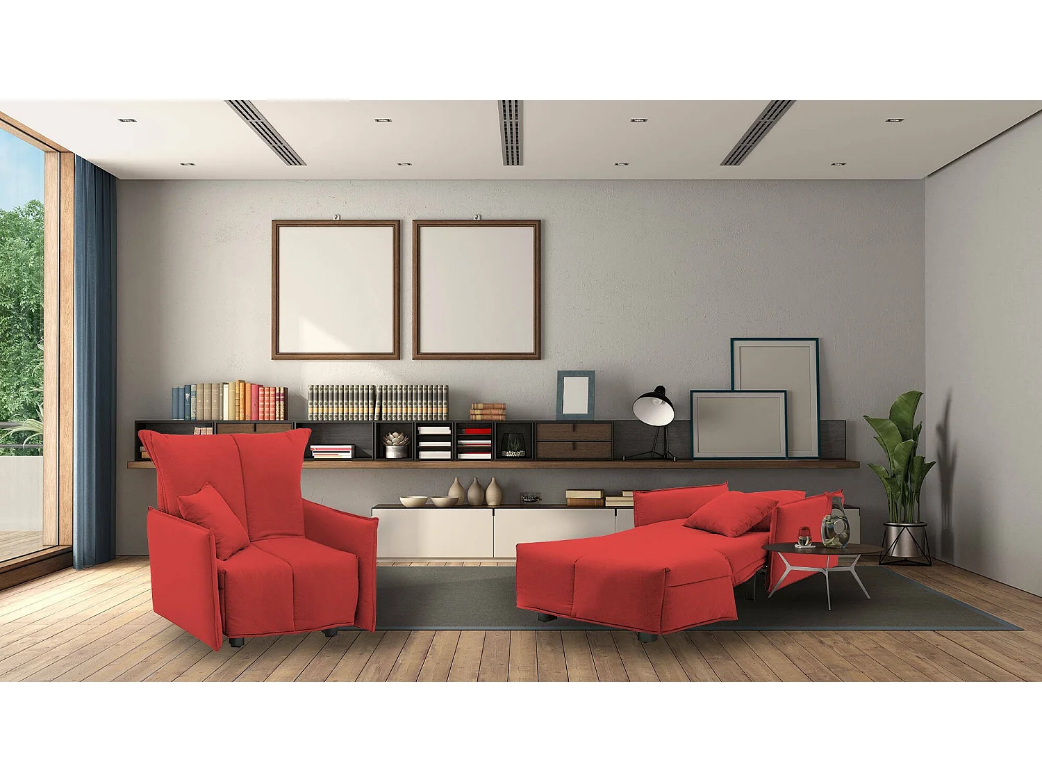 Dabari slaapbank, enkele bank, 100% Made in Italy, woonkamerfauteuil met trolley-opening, in gewatteerde stof, met standaard armleuningen, 110x90h85 cm, rood