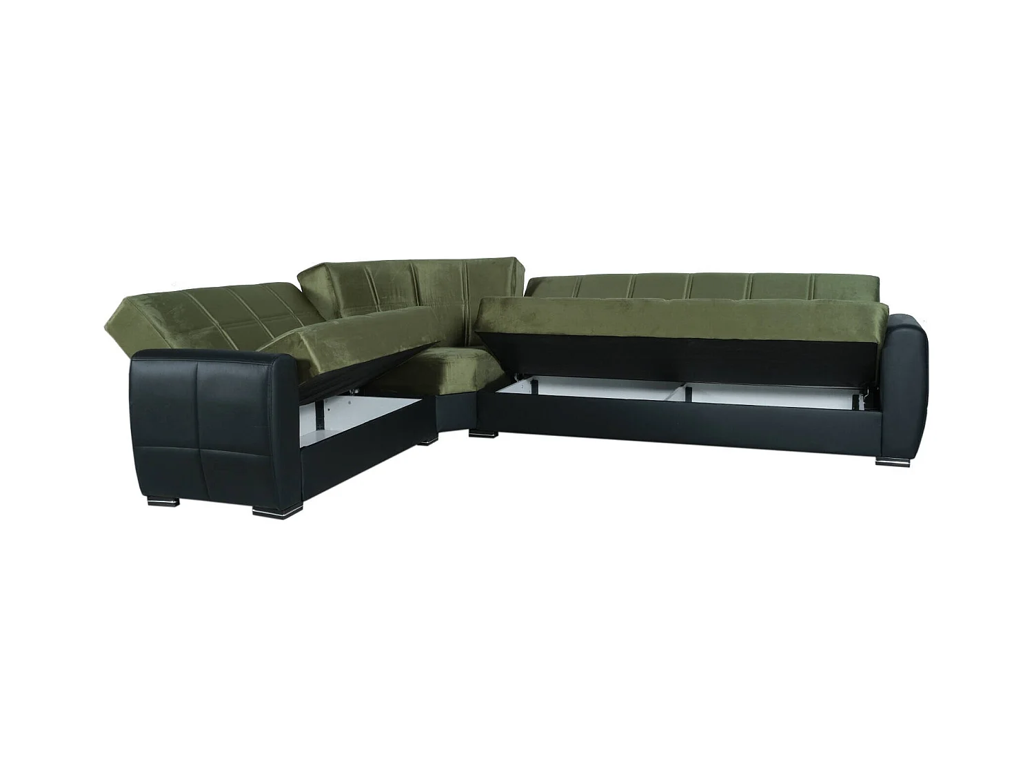 Canapé Dgytkjæ, Canapé d'angle avec rangement en éco-cuir et tissu, Canapé de salon avec ouverture clic-clac et péninsule réversible, 305x238h91 cm, Noir et Vert