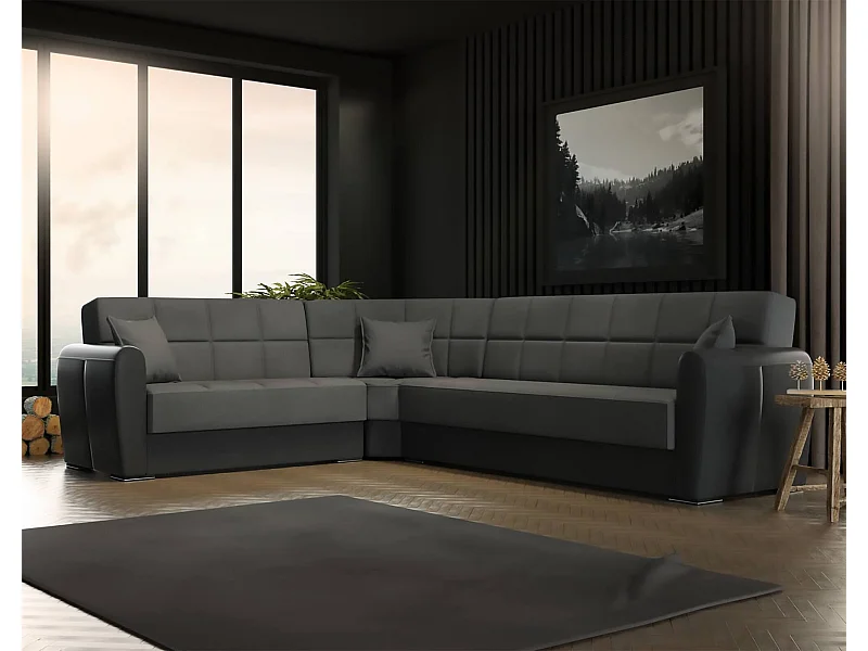 Sofá-cama Dgytkjæ, Sofá-cama de canto em couro ecológico e tecido, Sofá da sala com abertura click-clack e península reversível, 305x238h91 cm, Preto e Cinza Escuro