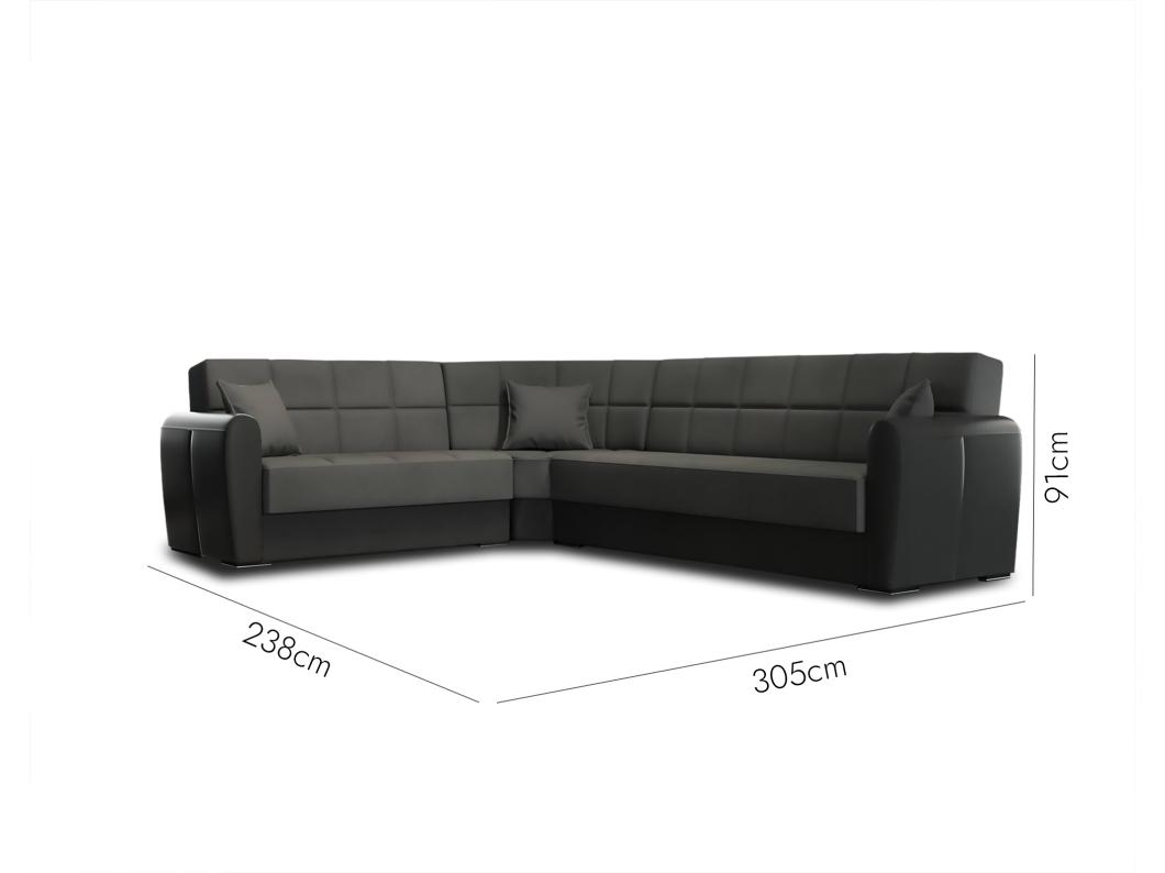 Sofá-cama Dgytkjæ, Sofá-cama de canto em couro ecológico e tecido, Sofá da sala com abertura click-clack e península reversível, 305x238h91 cm, Preto e Cinza Escuro