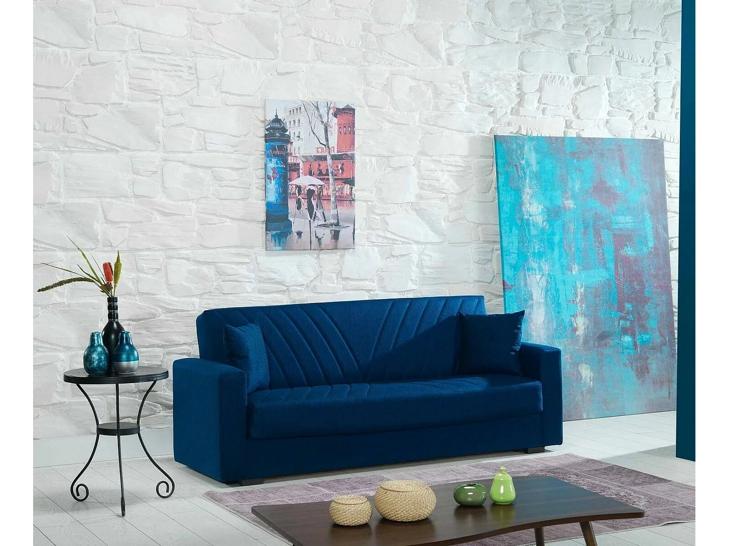 Canapé Dfossat, Canapé conteneur linéaire 3 places avec 2 coussins inclus, Canapé de salon en tissu rembourré avec ouverture clic-clac, 214x81h89 cm, Bleu