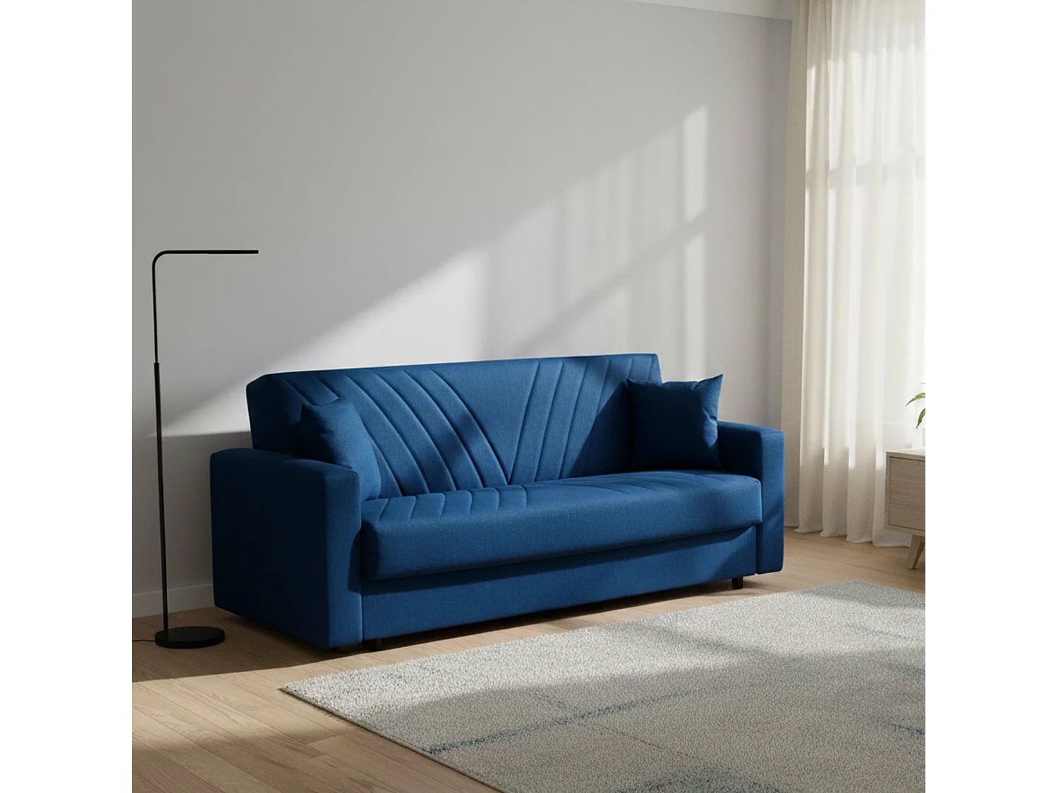 Canapé Dfossat, Canapé conteneur linéaire 3 places avec 2 coussins inclus, Canapé de salon en tissu rembourré avec ouverture clic-clac, 214x81h89 cm, Bleu