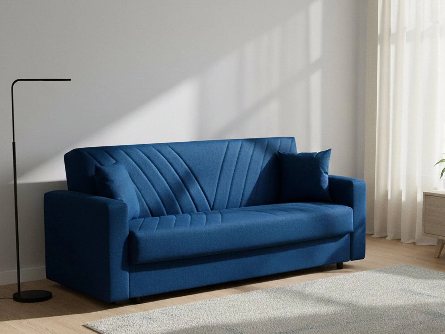 Canapé Dfossat, Canapé conteneur linéaire 3 places avec 2 coussins inclus, Canapé de salon en tissu rembourré avec ouverture clic-clac, 214x81h89 cm, Bleu