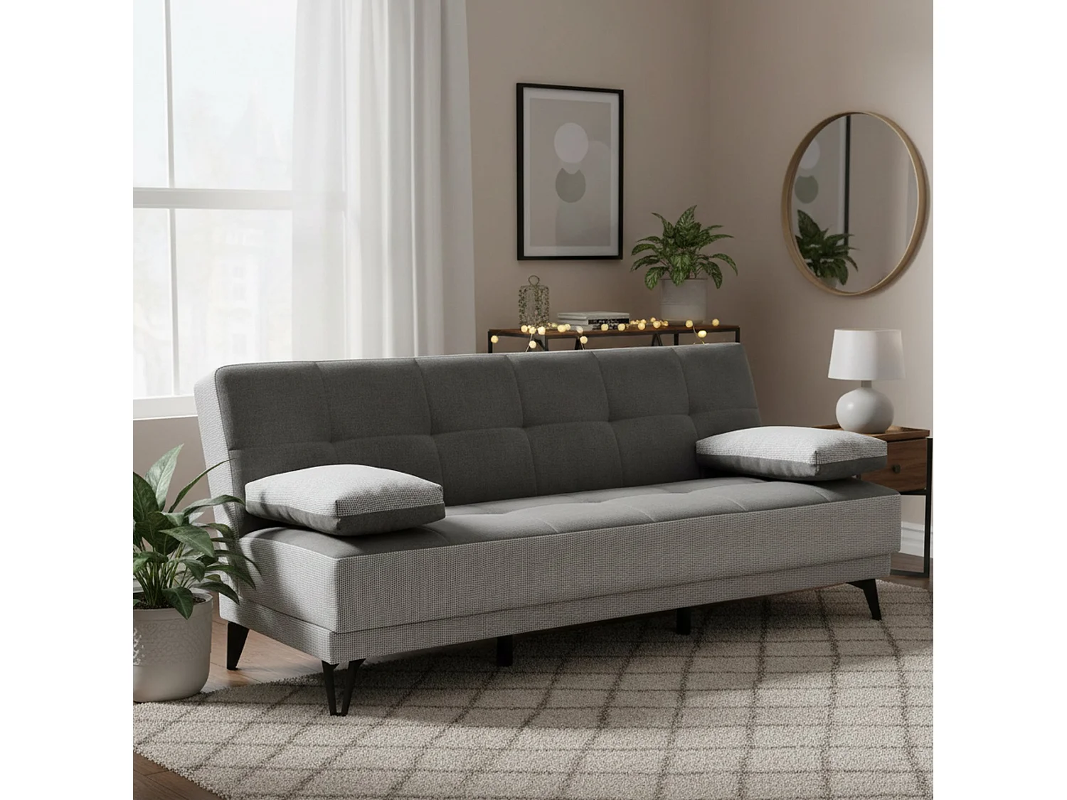 Sofá cama Dfortin, Sofá cama 3 plazas con pies de metal negro, Sofá de salón en tela tapizada con apertura clic-clac, 190x87h97 cm, Gris