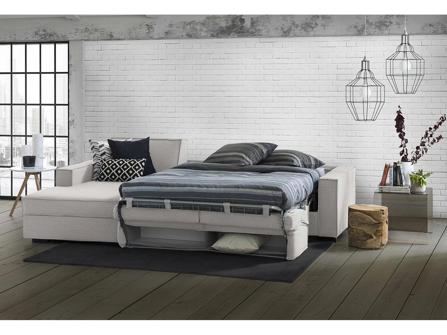 Daalber Slaapbank, Hoekbank, 100% Made in Italy, Bank met draaibare opening, Opbergschiereiland links, met standaard armleuningen, 280x95h90 cm, Grijs