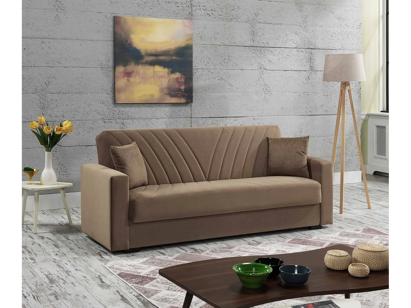 Canapé Dfossat, Canapé de rangement linéaire 3 places avec 2 coussins inclus, Canapé de salon en tissu rembourré avec ouverture clic-clac, 214x81h89 cm, Beige