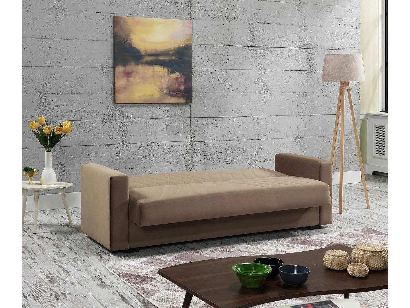 Sofá-cama Dfoat, ofá-cama container linear de 3 lugare com 2 almofada incluída, Sofá da ala em tecido acolchoado com abertura click-clack, 214x81xh89 cm, Bege