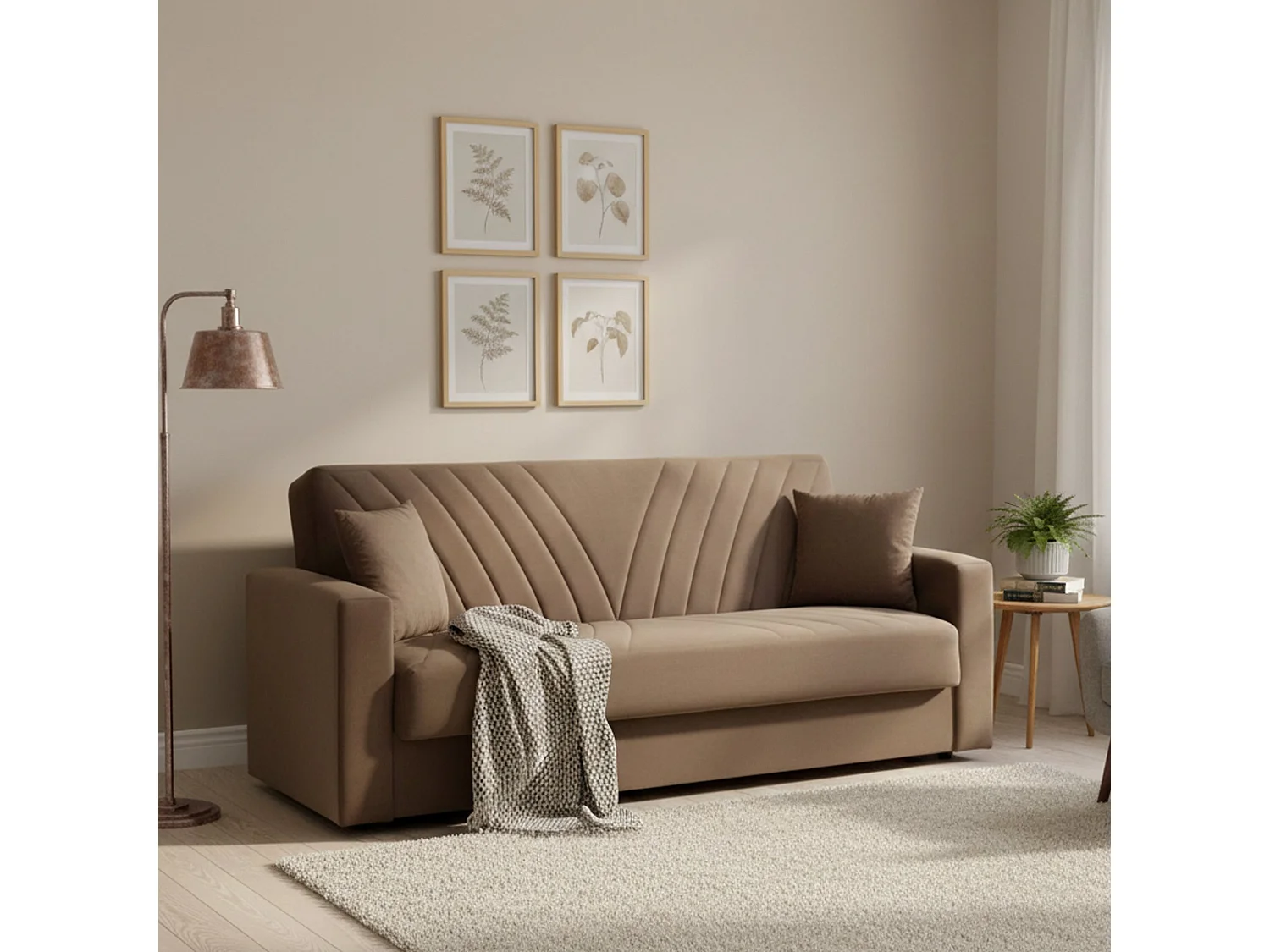 Sofá-cama Dfoat, ofá-cama container linear de 3 lugare com 2 almofada incluída, Sofá da ala em tecido acolchoado com abertura click-clack, 214x81xh89 cm, Bege