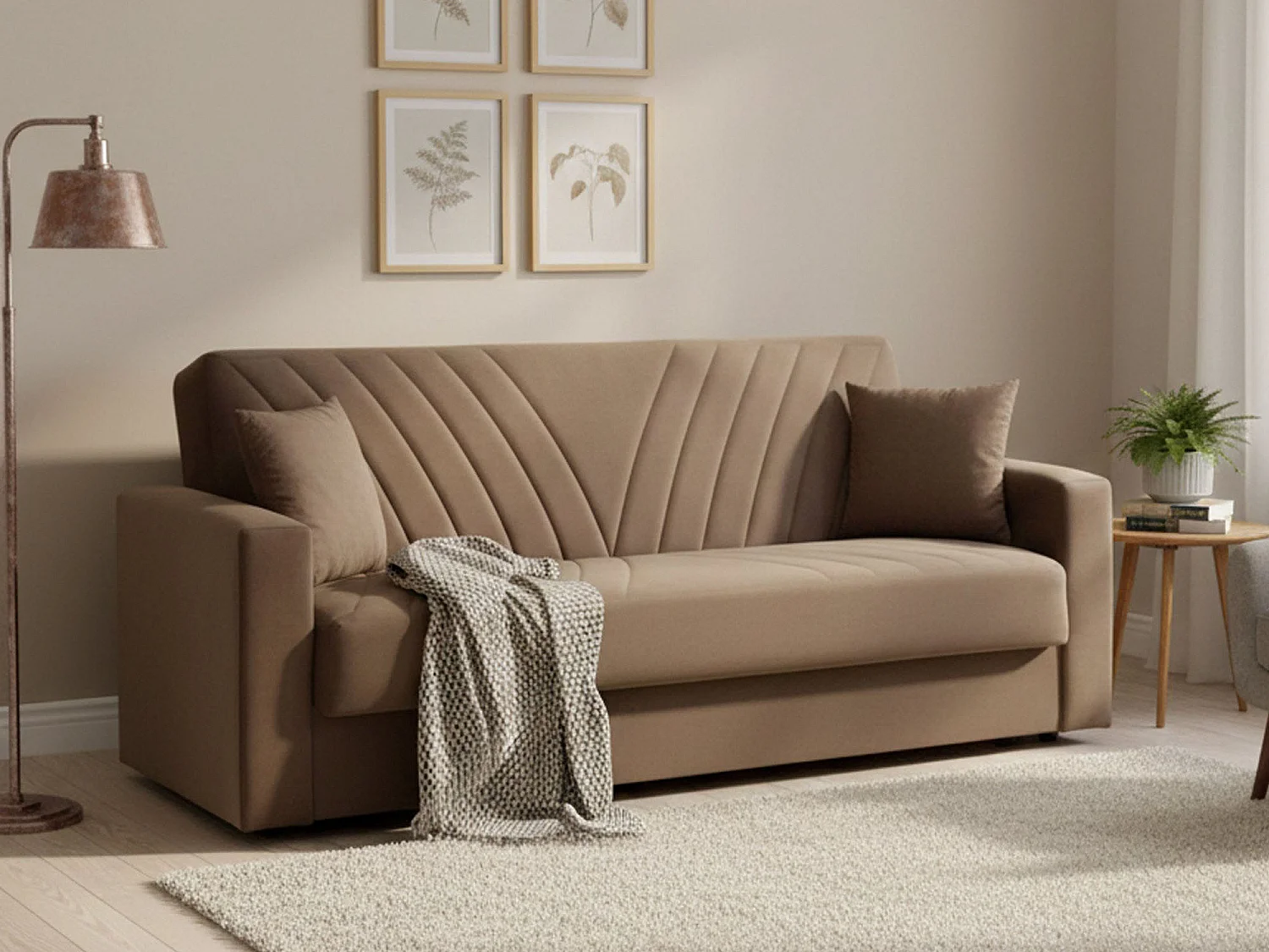 Schlafsofa Dfossat, Lineares 3-Sitzer-Schlafsofa mit 2 Kissen inklusive, Wohnzimmersofa aus gepolstertem Stoff mit Klick-Klack-Ã–ffnung, 214x81h89 cm, Beige