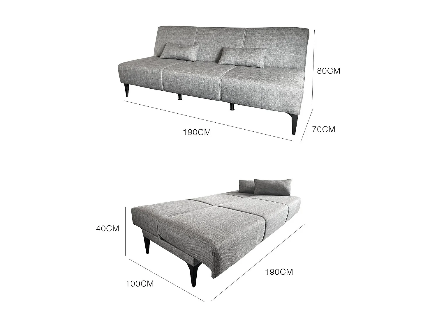 Sofá cama Dfavill, Sofá cama de tecido, Sofá cama com abertura click-clack, Sofá cama com almofadas, 190x70h80 cm, Cinza