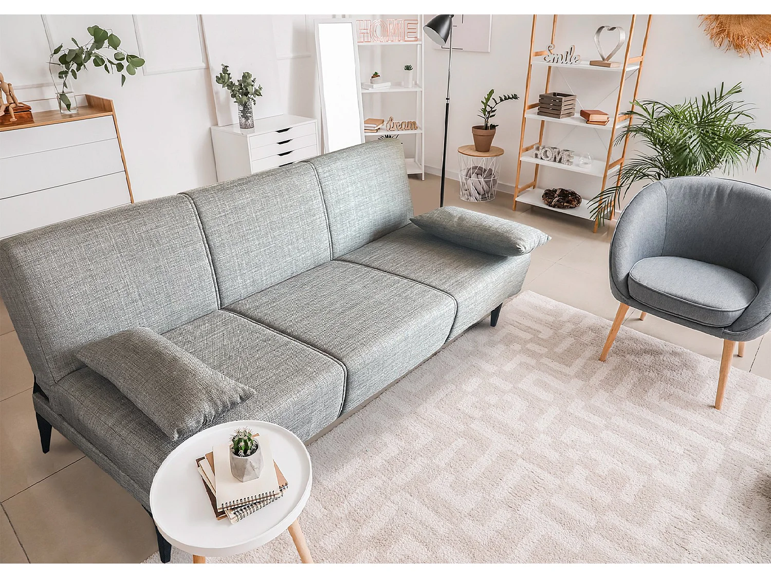 Sofá cama Dfavill, Sofá cama de tecido, Sofá cama com abertura click-clack, Sofá cama com almofadas, 190x70h80 cm, Cinza