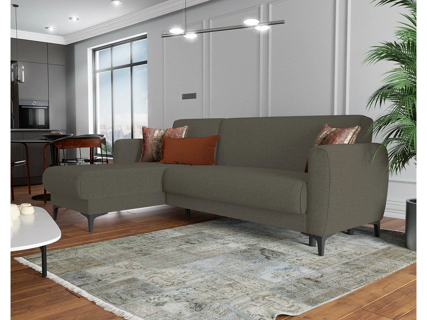 Sofá-cama Dabazo, Sofá-cama de canto com península reversível, Sofá moderno com chaiselongue e 3 almofadas, 230x153h85 cm, Marrom