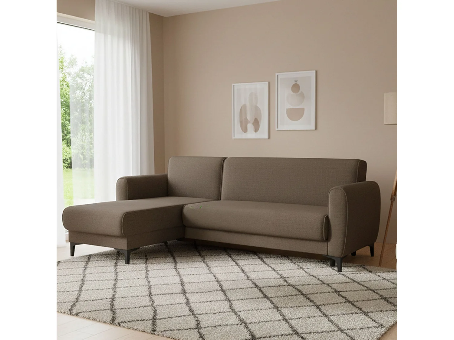 Dabazo slaapbank, Hoekslaapbank met omkeerbaar schiereiland, Moderne opbergbank met chaiselongue en 3 kussens, 230x153h85 cm, Bruin