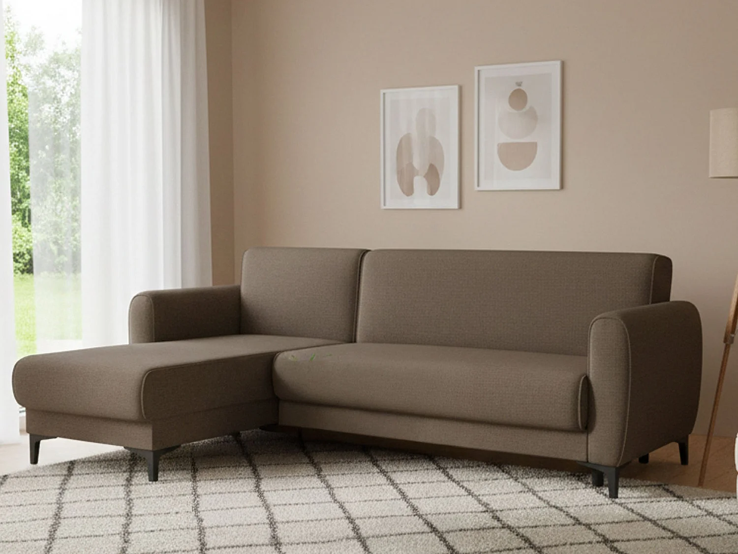 Dabazo slaapbank, Hoekslaapbank met omkeerbaar schiereiland, Moderne opbergbank met chaiselongue en 3 kussens, 230x153h85 cm, Bruin