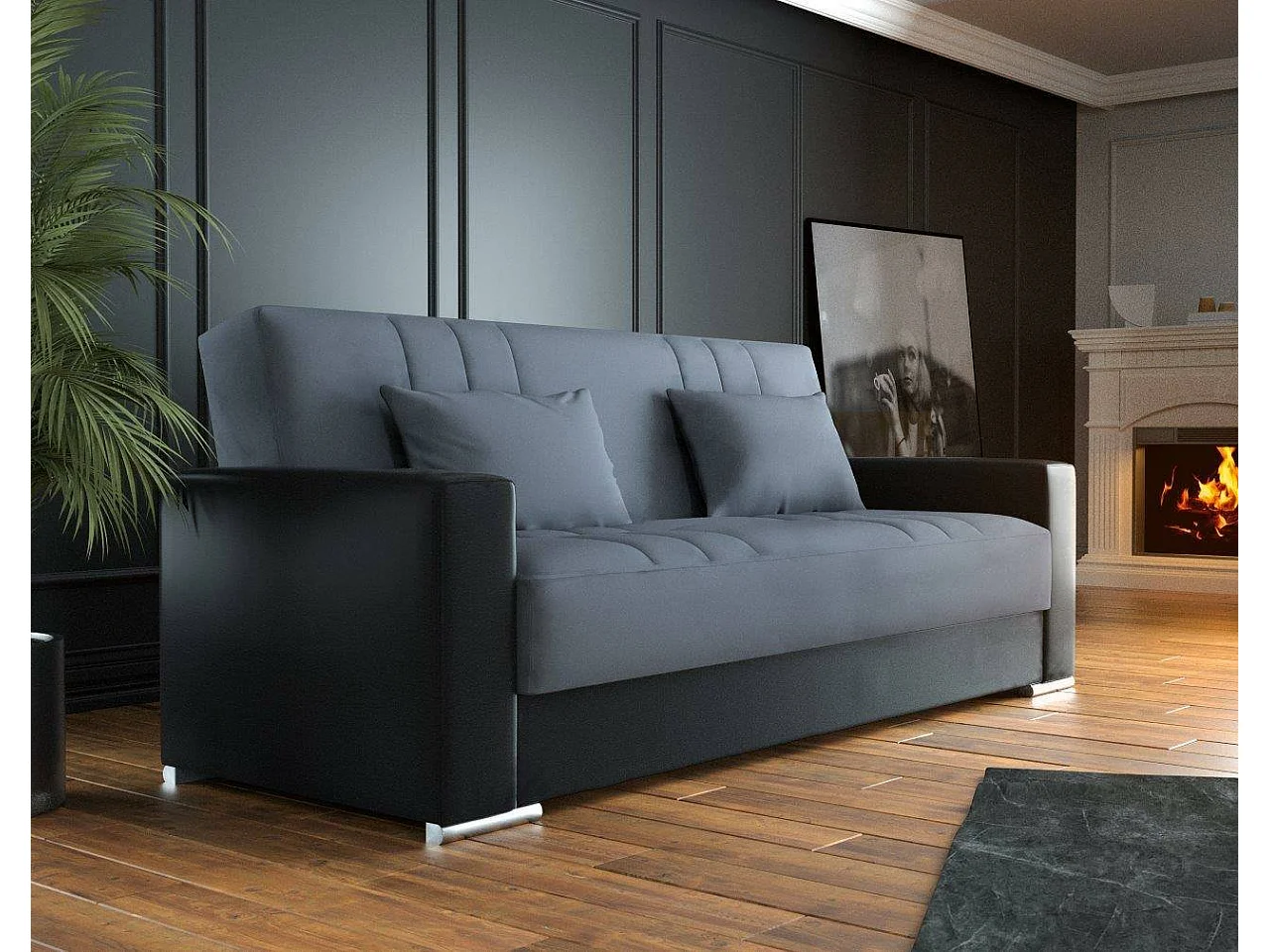 Canapé Dmede, Canapé conteneur 3 places en éco-cuir et tissu, Canapé de salon avec ouverture clic-clac et 2 coussins inclus, 230x96h101 cm, Noir et Gris