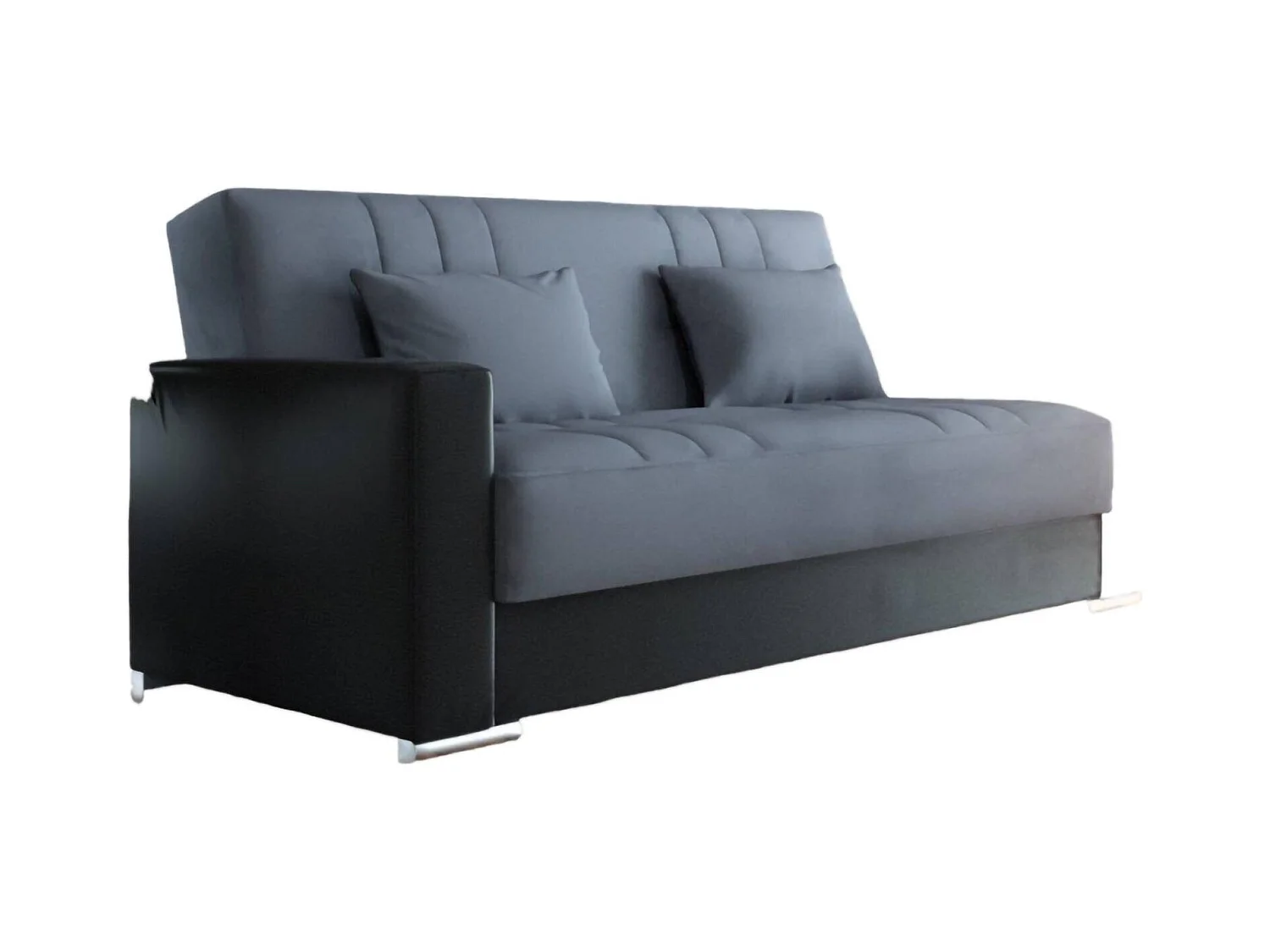 Canapé Dmede, Canapé conteneur 3 places en éco-cuir et tissu, Canapé de salon avec ouverture clic-clac et 2 coussins inclus, 230x96h101 cm, Noir et Gris