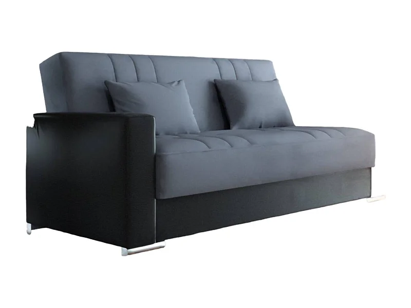 Sofá cama Dmede, Sofá cama contenedor 3 plazas en ecopiel y tela, Sofá de salón con apertura click-clac y 2 cojines incluidos, 230x96h101 cm, Negro y Gris