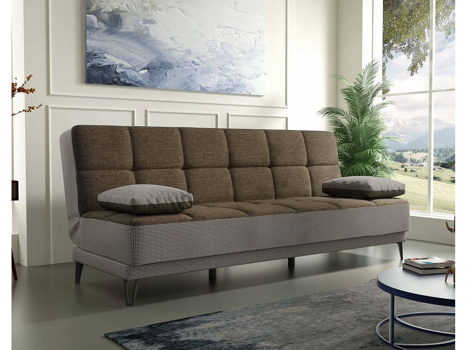 Schlafsofa Dfortin, 3-Sitzer-Schlafsofa mit schwarzen MetallfüÃŸen, Wohnzimmersofa aus gepolstertem Stoff mit Klick-Klack-Ã–ffnung, 190x87h97 cm, Grau und Braun