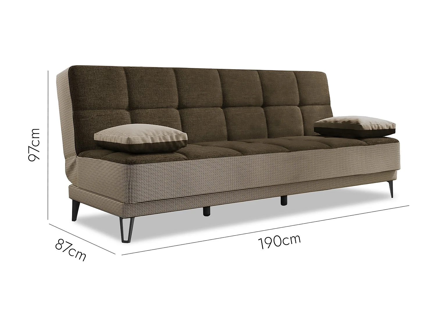Schlafsofa Dfortin, 3-Sitzer-Schlafsofa mit schwarzen MetallfüÃŸen, Wohnzimmersofa aus gepolstertem Stoff mit Klick-Klack-Ã–ffnung, 190x87h97 cm, Grau und Braun