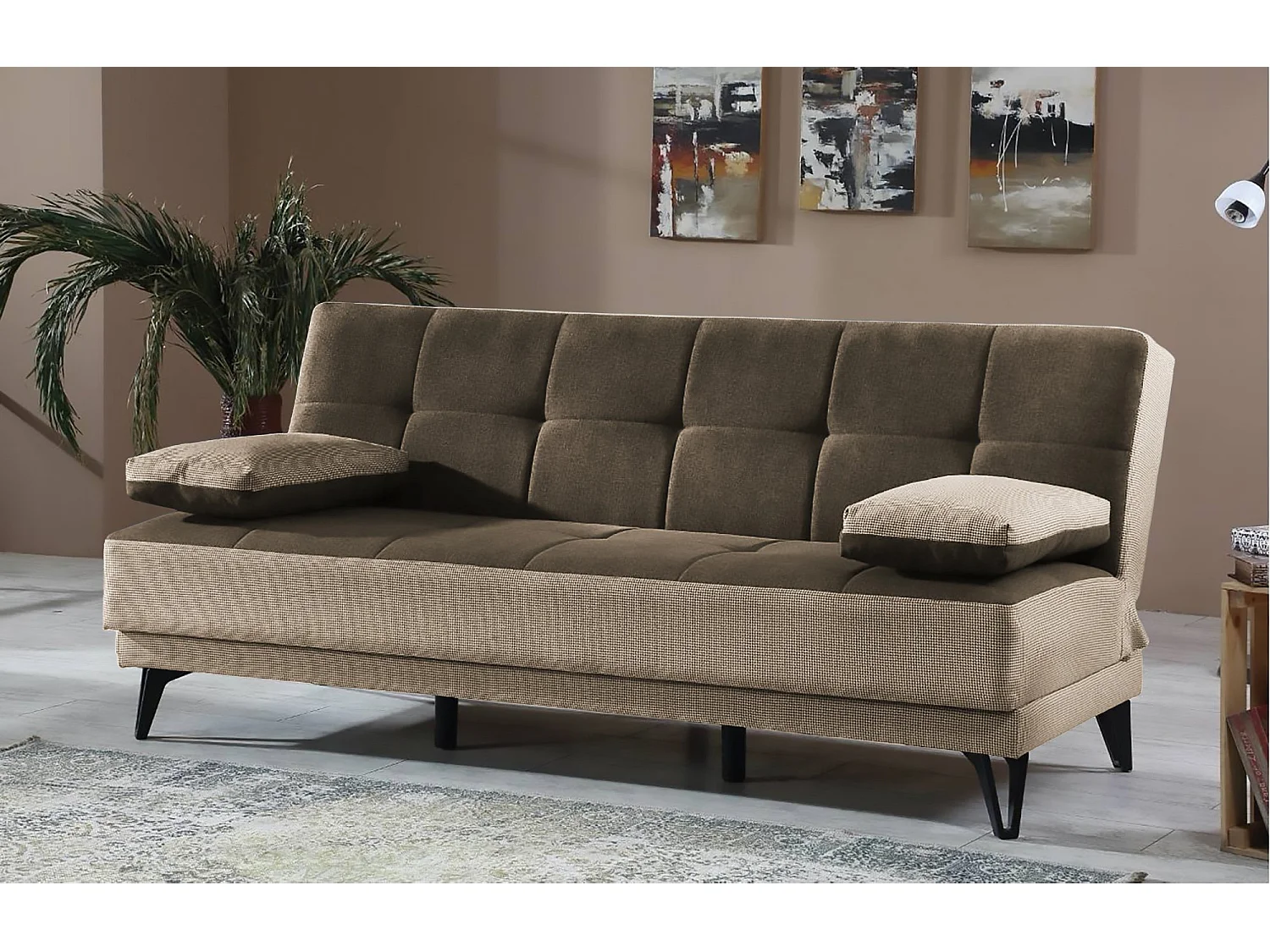 Schlafsofa Dfortin, 3-Sitzer-Schlafsofa mit schwarzen MetallfüÃŸen, Wohnzimmersofa aus gepolstertem Stoff mit Klick-Klack-Ã–ffnung, 190x87h97 cm, Grau und Braun