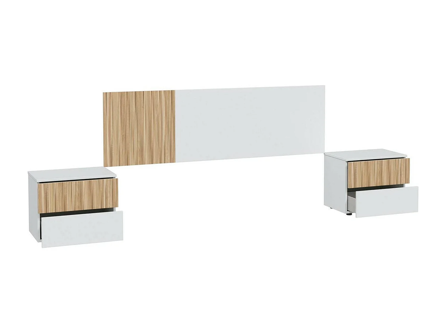 Tête de lit Doyon, Tête de lit avec 2 tables de chevet, Ensemble chambre à coucher, 266x34h89 cm, Blanc et Chêne
