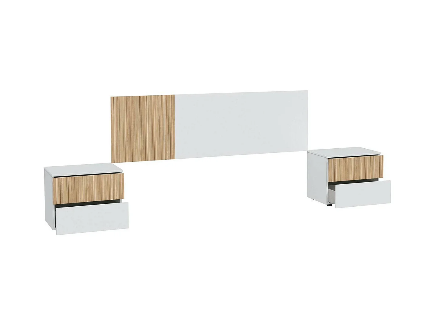 Tête de lit Doyon, Tête de lit avec 2 tables de chevet, Ensemble chambre à coucher, 266x34h89 cm, Blanc et Chêne