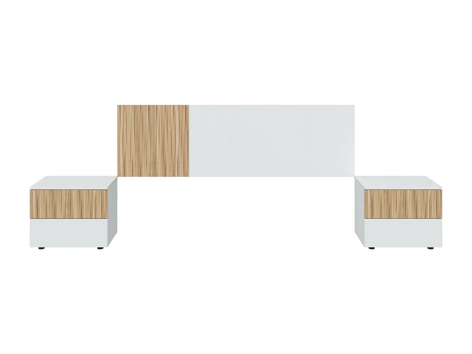 Tête de lit Doyon, Tête de lit avec 2 tables de chevet, Ensemble chambre à coucher, 266x34h89 cm, Blanc et Chêne