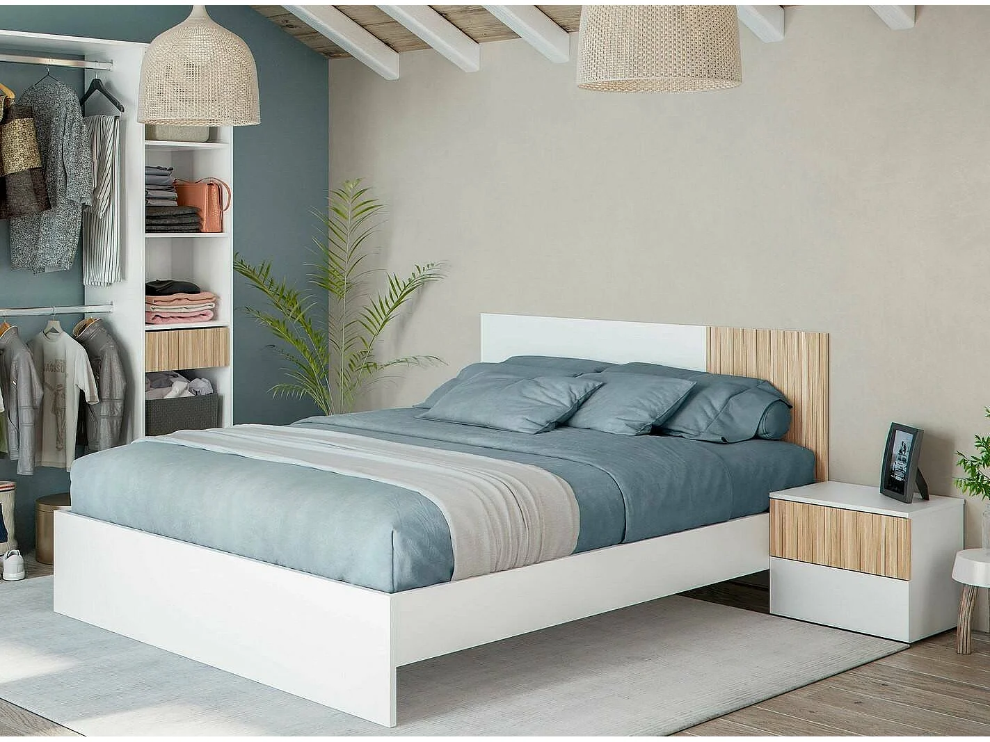 Tête de lit Doyon, Tête de lit avec 2 tables de chevet, Ensemble chambre à coucher, 266x34h89 cm, Blanc et Chêne