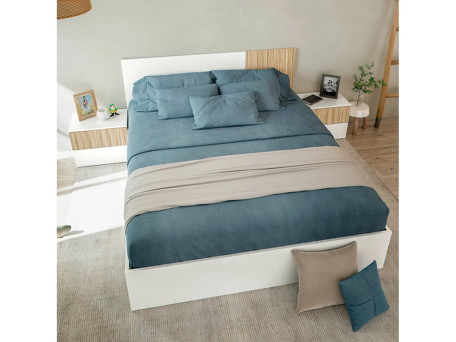 Tête de lit Doyon, Tête de lit avec 2 tables de chevet, Ensemble chambre à coucher, 266x34h89 cm, Blanc et Chêne